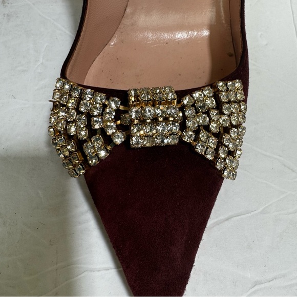 Kate Spade Lissie Hangisi Bow Burgundy Suede  Leather Point Toe Heels Rhinestone - Picture 12 of 16